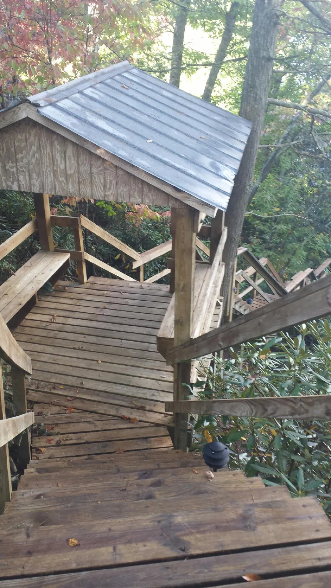 Metal roofed shelter over wooden steps on a wooded walkway — Skylight Repair & Installation work by our crew in Cohocton